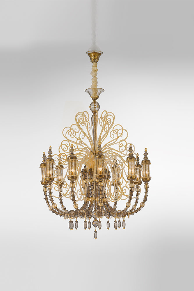 Hand-Blown Ornate Luxurious Ceiling Pendant Chandelier With Ten Shades And Murano Glass