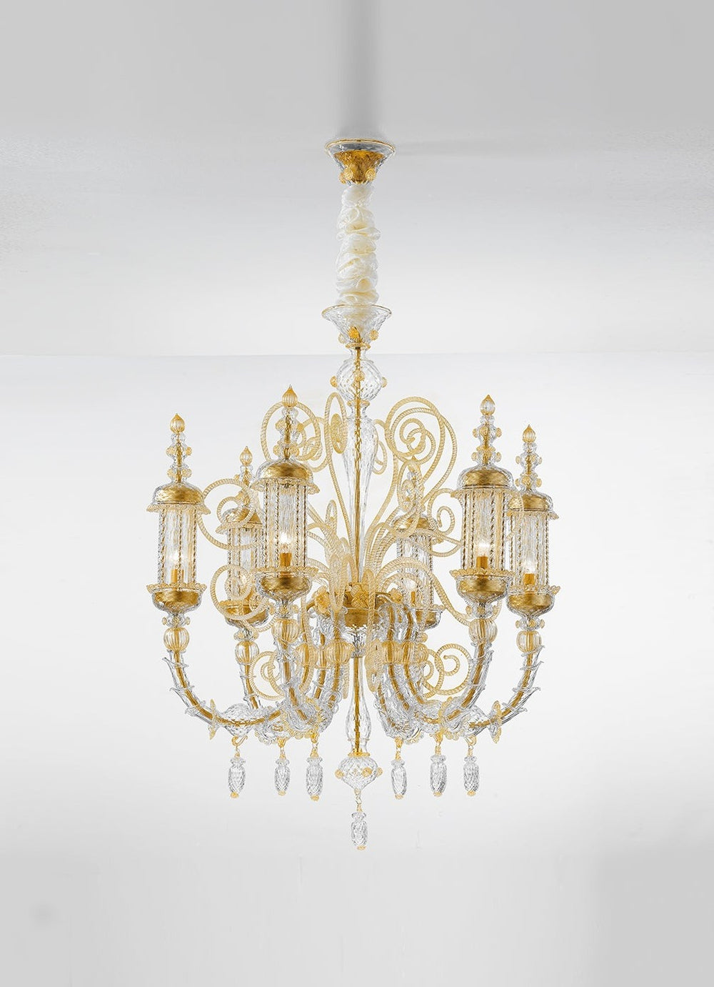 Hand-Blown Ornate Luxurious Ceiling Pendant Chandelier With Six Shades And Murano Glass