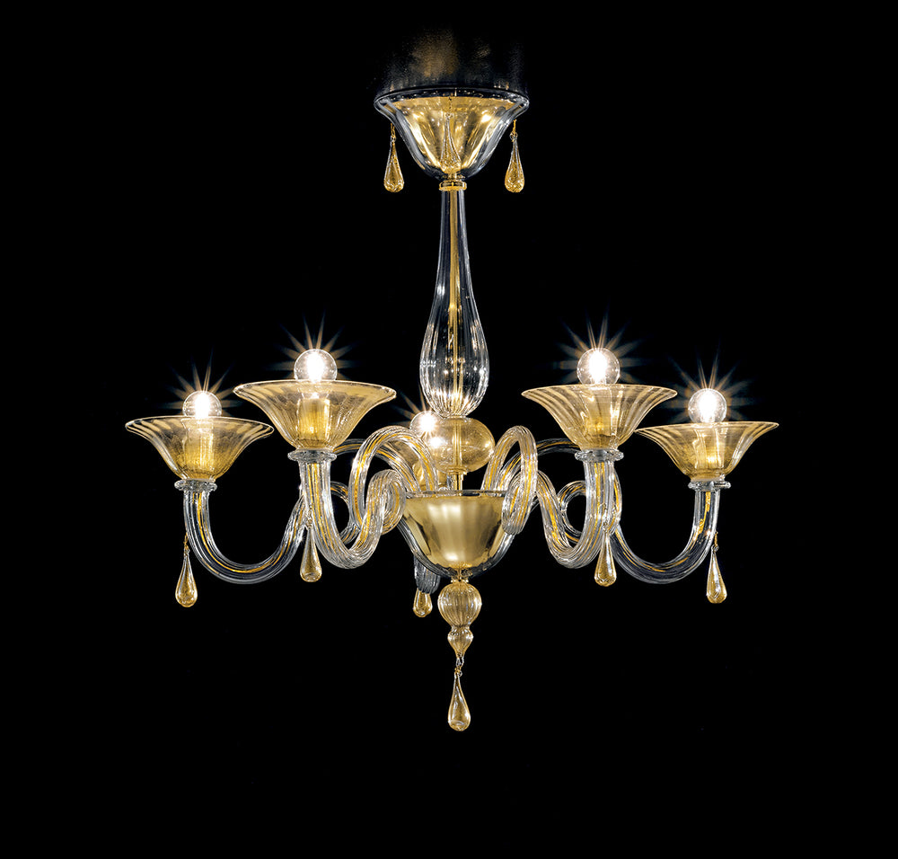 Handcrafted Contemporary Fine Italian Ceiling Pendant Chandelier With Five Shades And Murano Glass