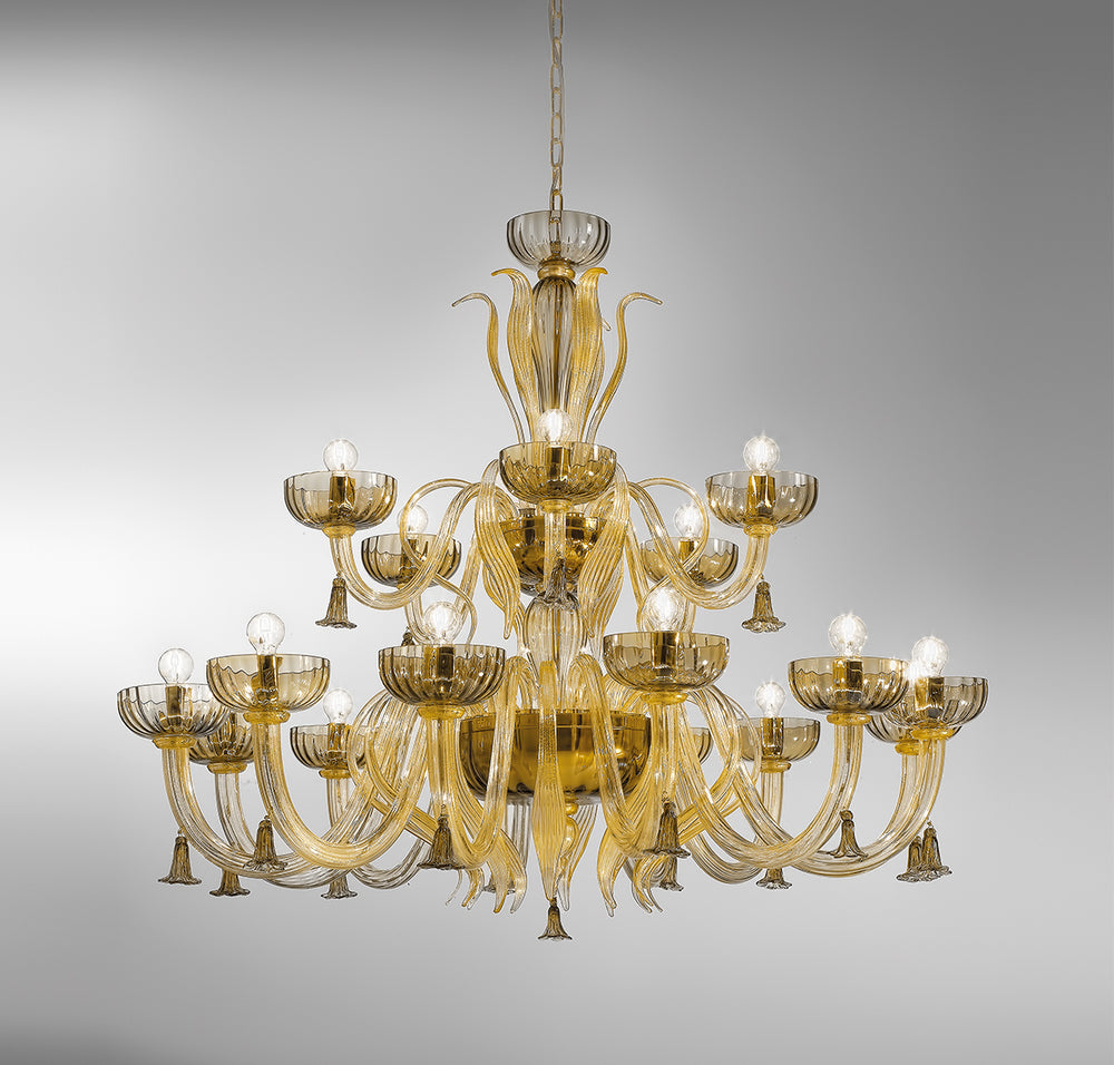 Hand-Blown Elaborate Two-Tier Fine Italian Ceiling Pendant Chandelier With Eighteen Shade And Murano Glass