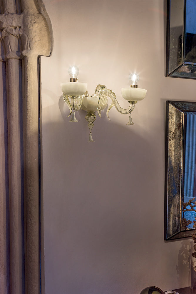 Hand-Blown Elaborate Fine Italian Ceiling Pendant Chandelier Wall Lamp With Two Shades And Murano Glass