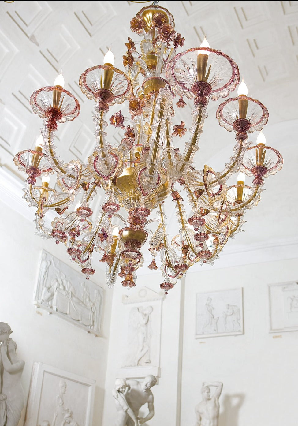 Handcrafted Ornamental Antique Fine Italian Chandelier With Twelve Lights And Murano Glass