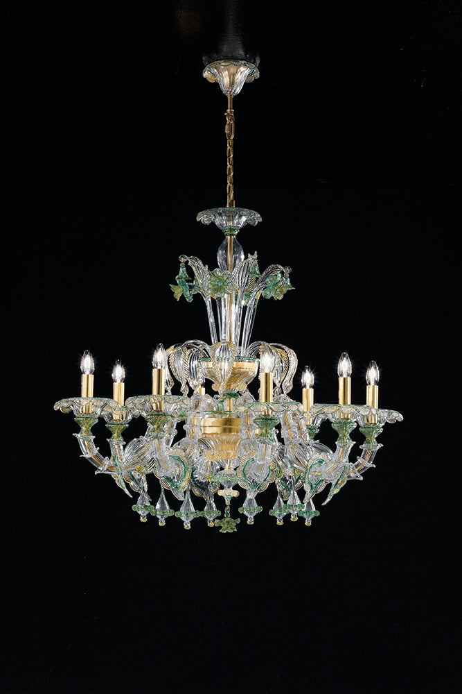 Handcrafted Ornamental Antique Fine Italian Chandelier With Eight Lights And Murano Glass