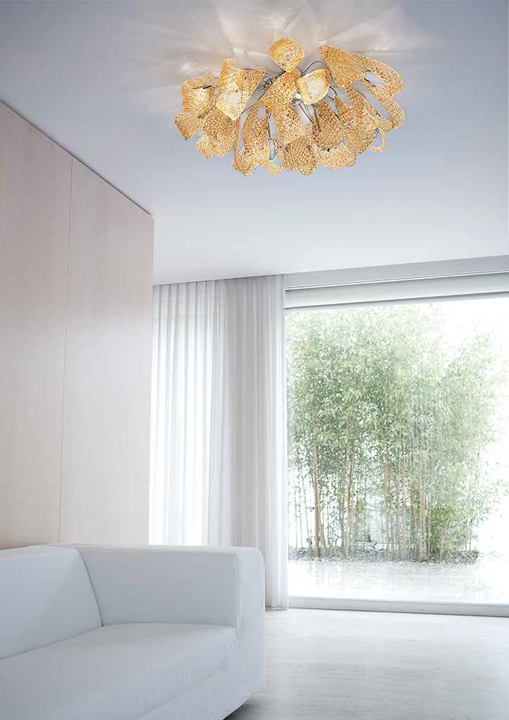 Handmade Glamorous Ceiling Lamp With Fifteen Lighted Arms And Murano Glass