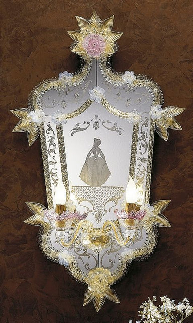 Venetian wall mirror with Murano glass and two lights