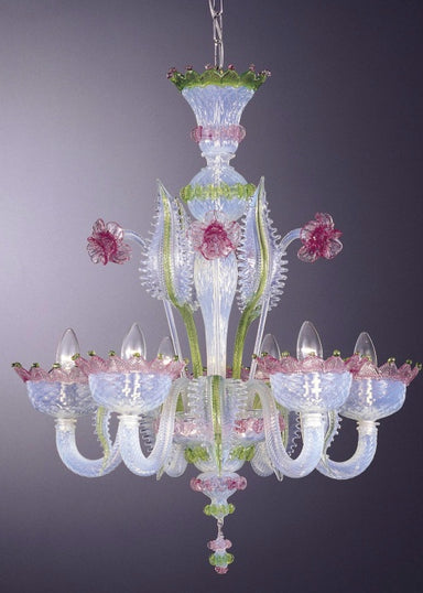 Crystal chandelier with aquamarine, pink and green accents