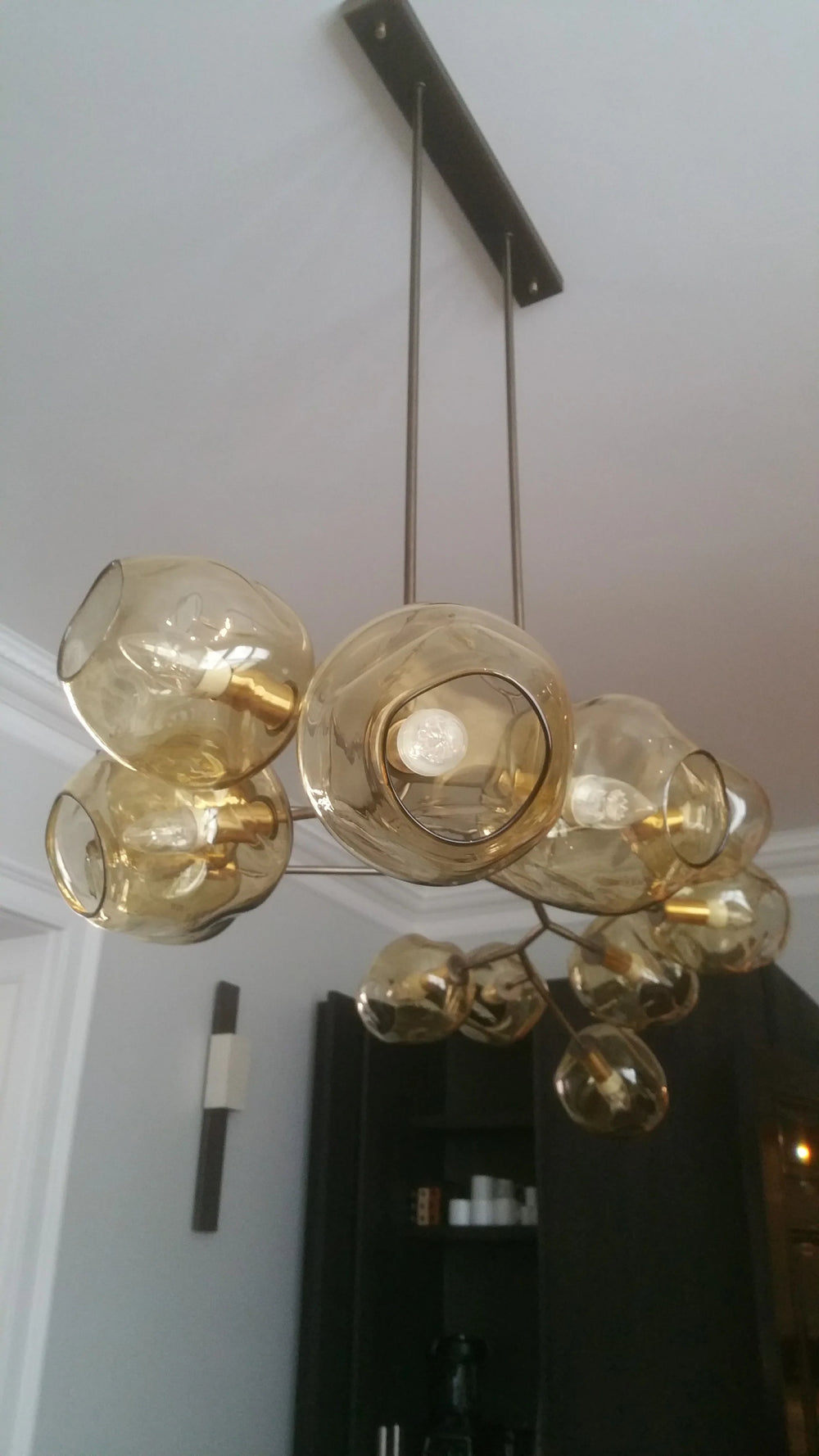Murano Glass Bubble Dining Table 12 Light Chandelier In Fume With Extra Long Bronze Frame