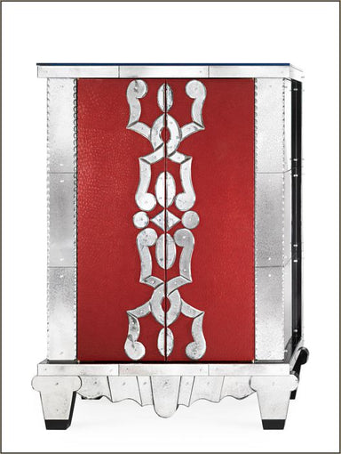French art deco-style bar with red leather finish