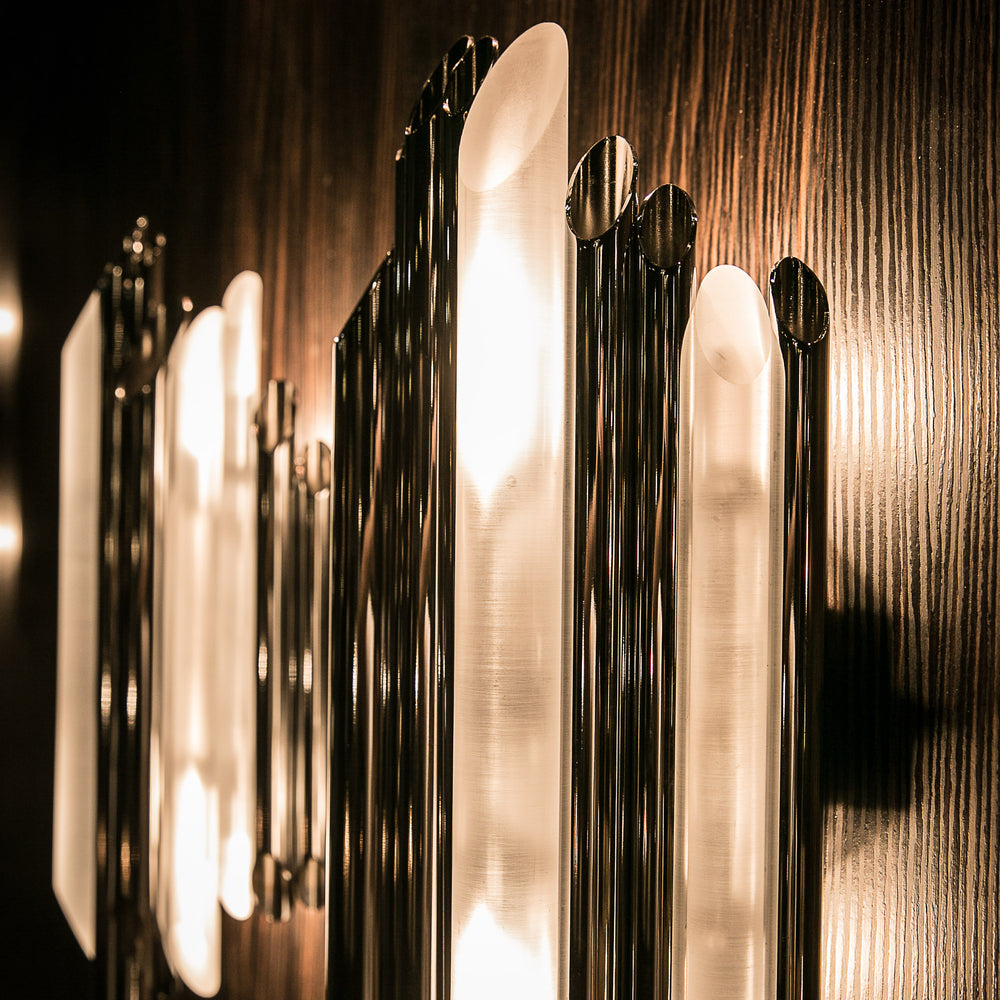 Sculptural Modern Wall Light In 2 Sizes With Plexiglass "Pipes" In Chrome Or Bronze