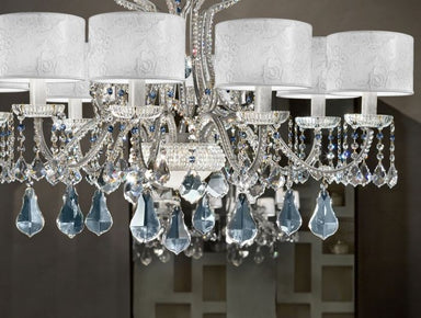 Italian crystal & chrome chandelier with 8 white lace shades