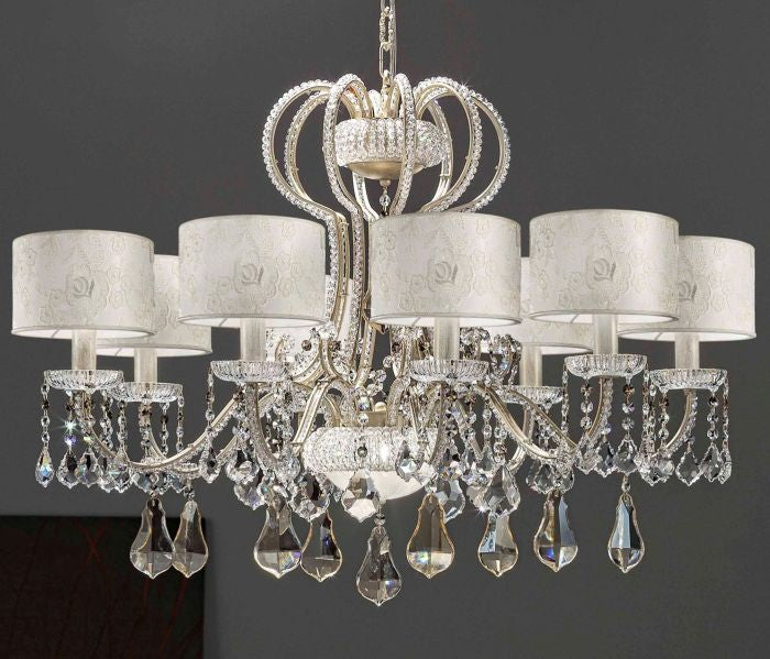 Ten arm crystal chandelier with white lace shades