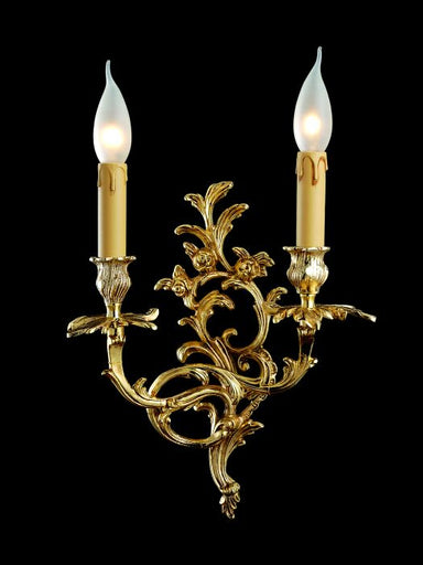 Gold plated brass wall sconce with two candle lights
