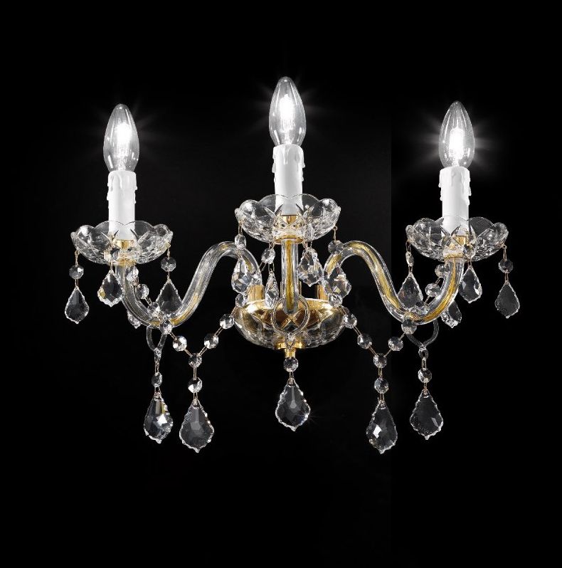 Ornate Italian Gold Or Chrome Wall Chandelier With Asfour Crystal And Three Lights