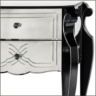 Black art deco-style nightstand with Venetian mirror drawer fron