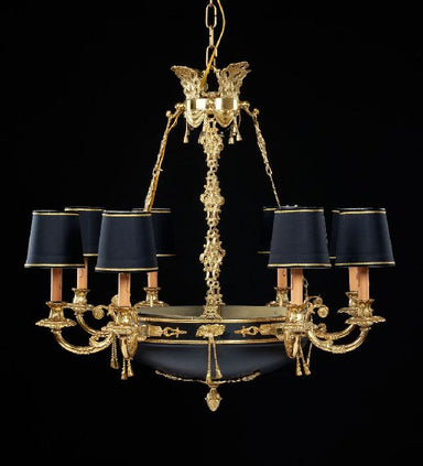 8 light French gold chandelier with black shades