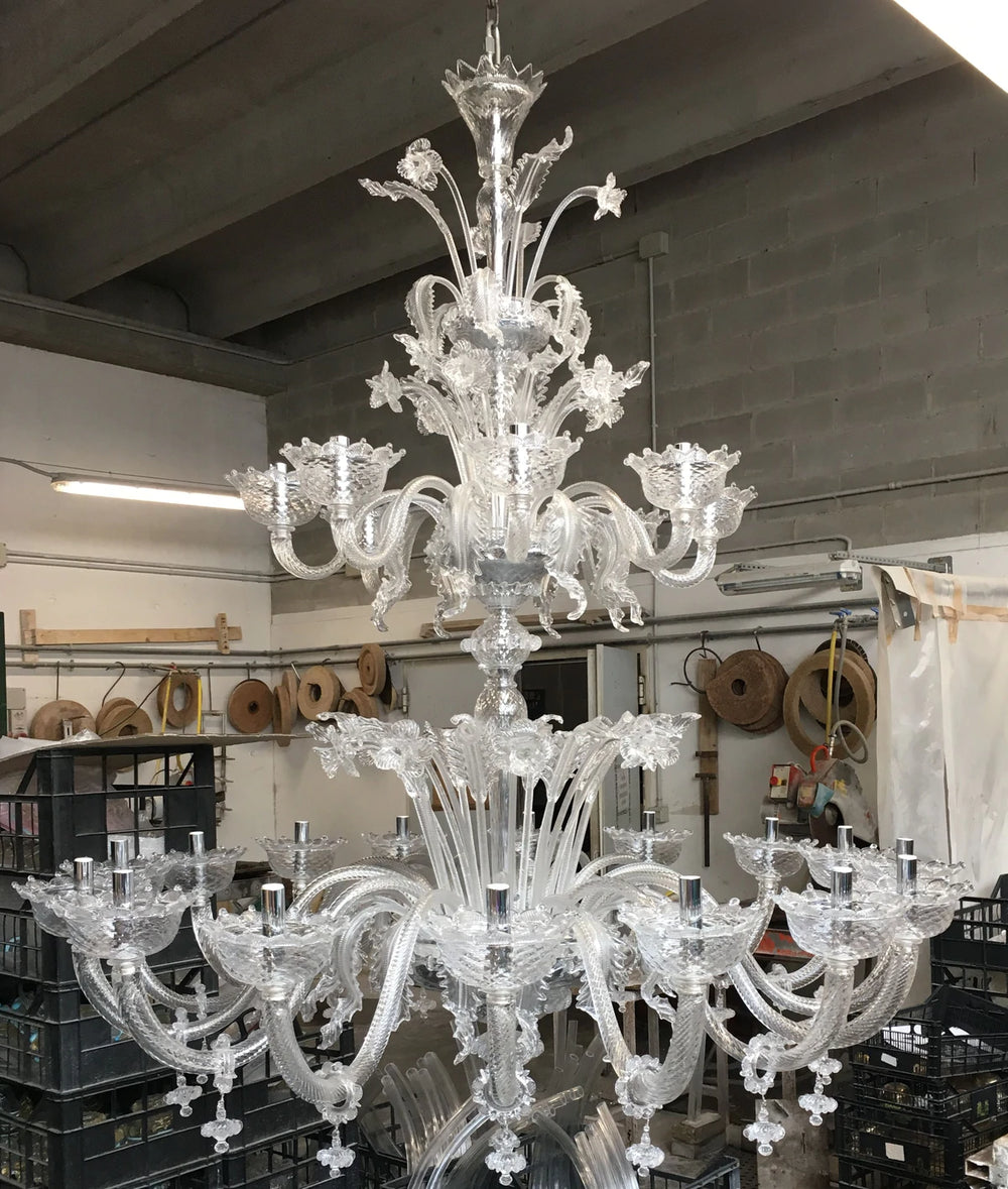 Two Tier Classic Pastoral Chandelier Clear Crystal Art Glass Flowers + Leaves