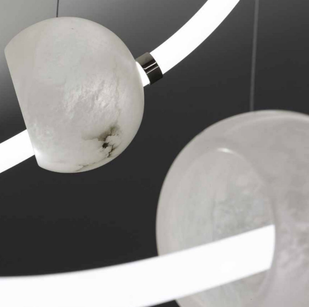 Orbital Led Bent Tube Chandelier With Alabaster Sphere Shades