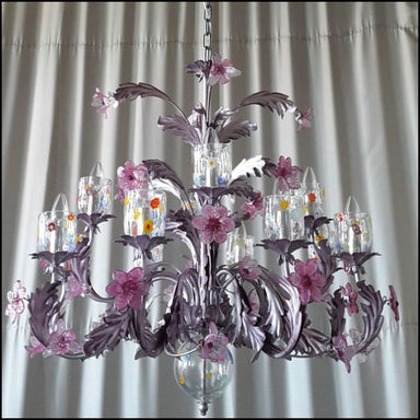 Silver and Amethyst Glass Chandelier with Murano Glass Flowers