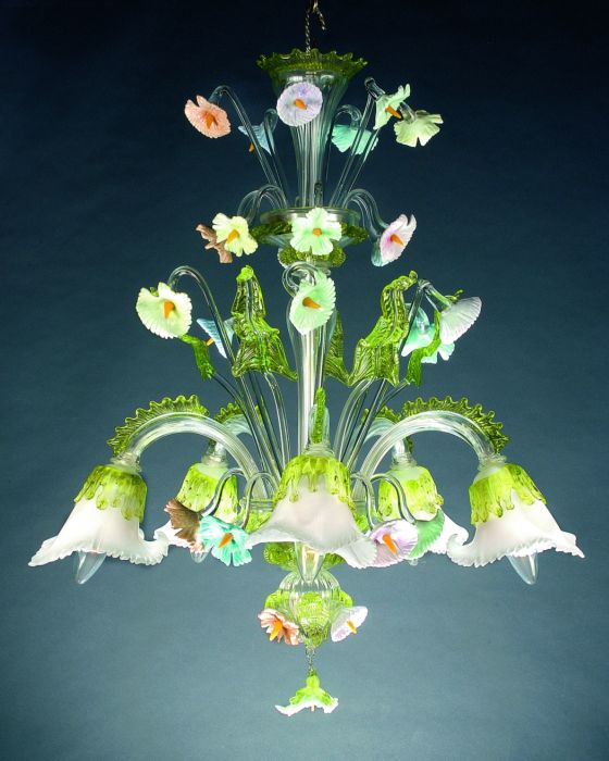 Murano glass chandelier with white and green lilies