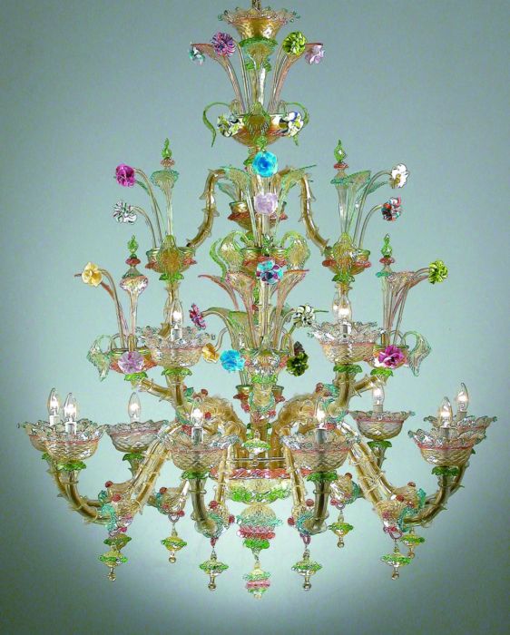 Multicoloured Murano glass Rezzonico chandelier with hand-blown floral decoration