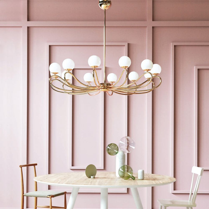 Contemporary 12-arm matt black metal chandelier with white glass globe diffusers