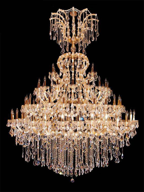 Grand crystal chandelier with multiple tiers and intricate detailing.