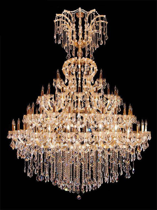 Grand crystal chandelier with multiple tiers and intricate detailing.