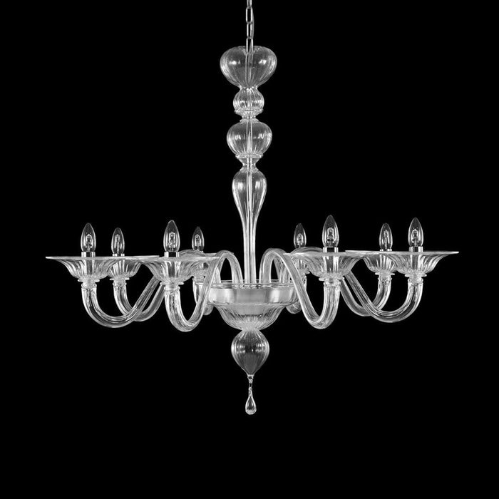 Eight-light chandelier in clear Murano glass, with glass arms, bowls and a central stem, against a black background