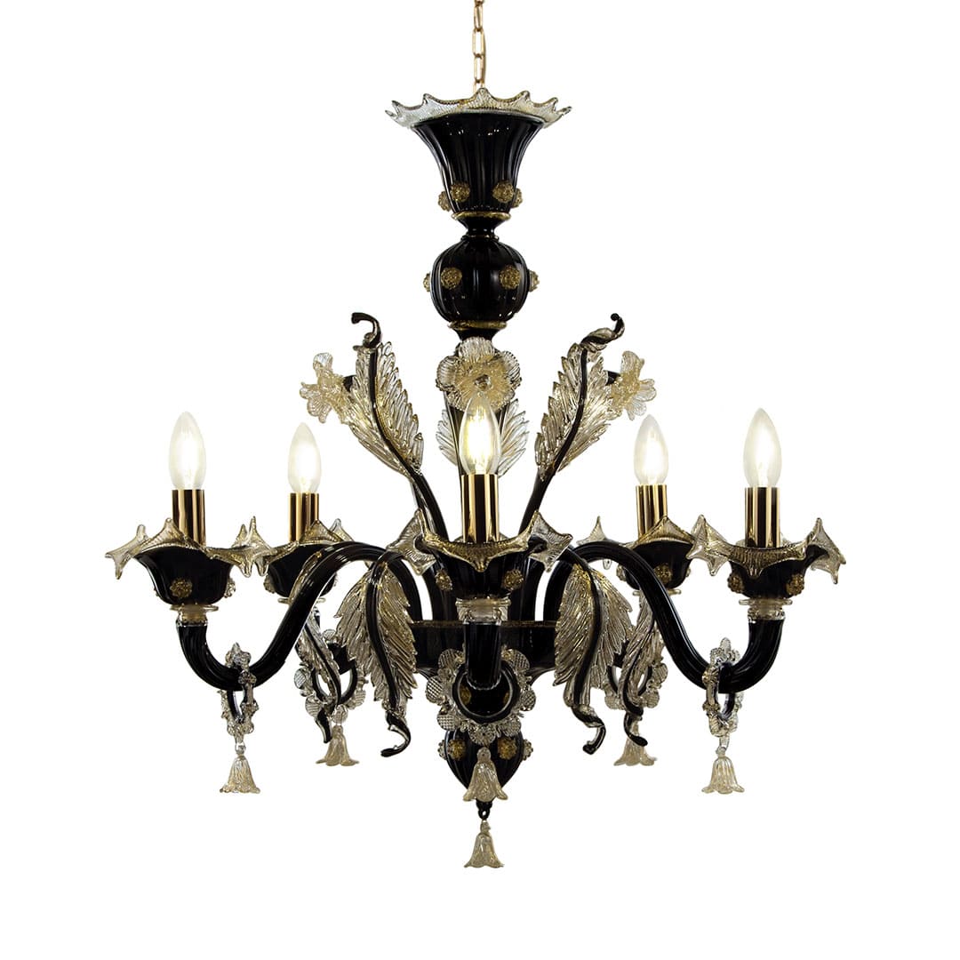 5-light black and gold blown glass chandelier