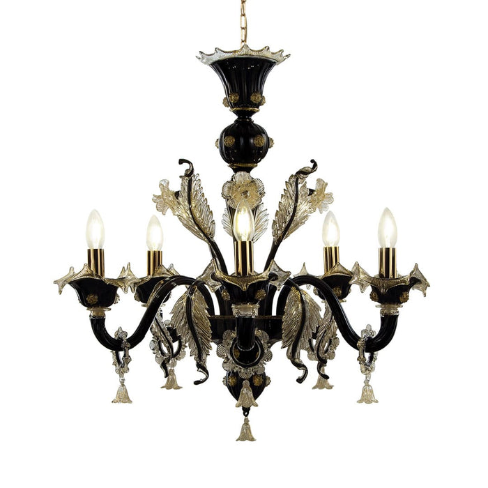 5-light black and gold blown glass chandelier