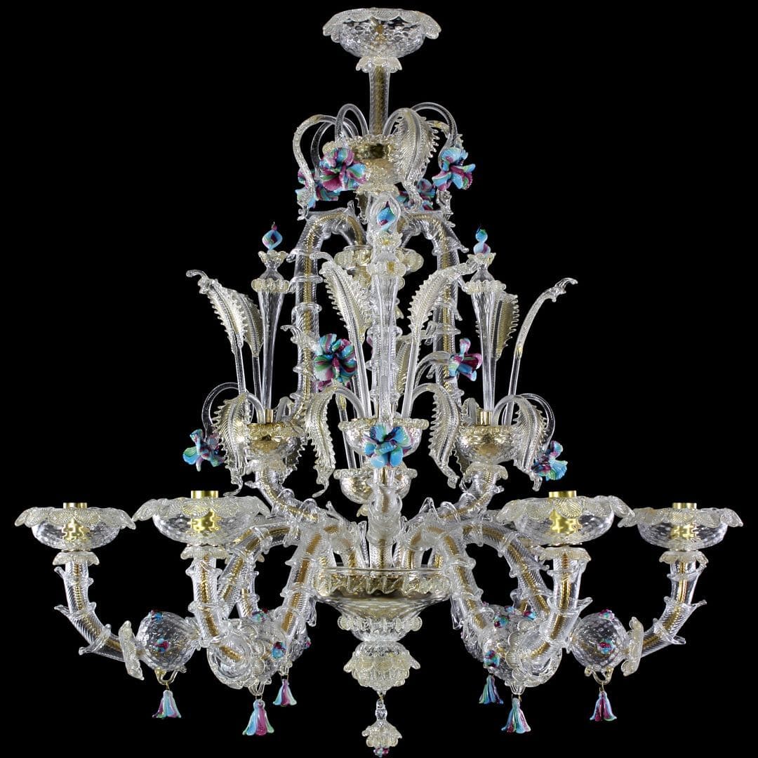 Six-light Rezzonico-style Murano glass chandelier with clear curved arms, gold details and colourful glass flowers against a black background
