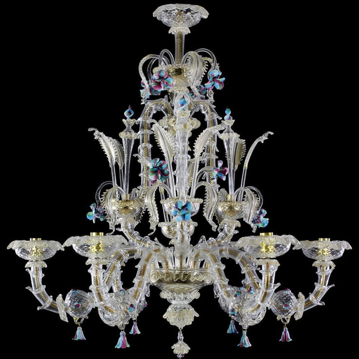 Six-light Rezzonico-style Murano glass chandelier with clear curved arms, gold details and colourful glass flowers against a black background