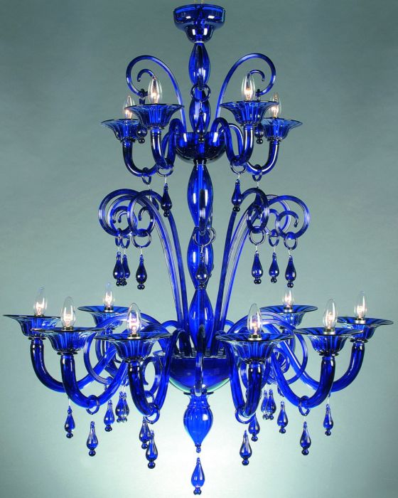 Large cobalt blue Murano glass chandelier with twelve arms, hand-blown on the island of Murano