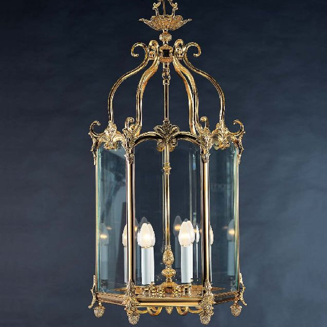 Ornate French gold 6-light lantern with individually glass-encased candle holders