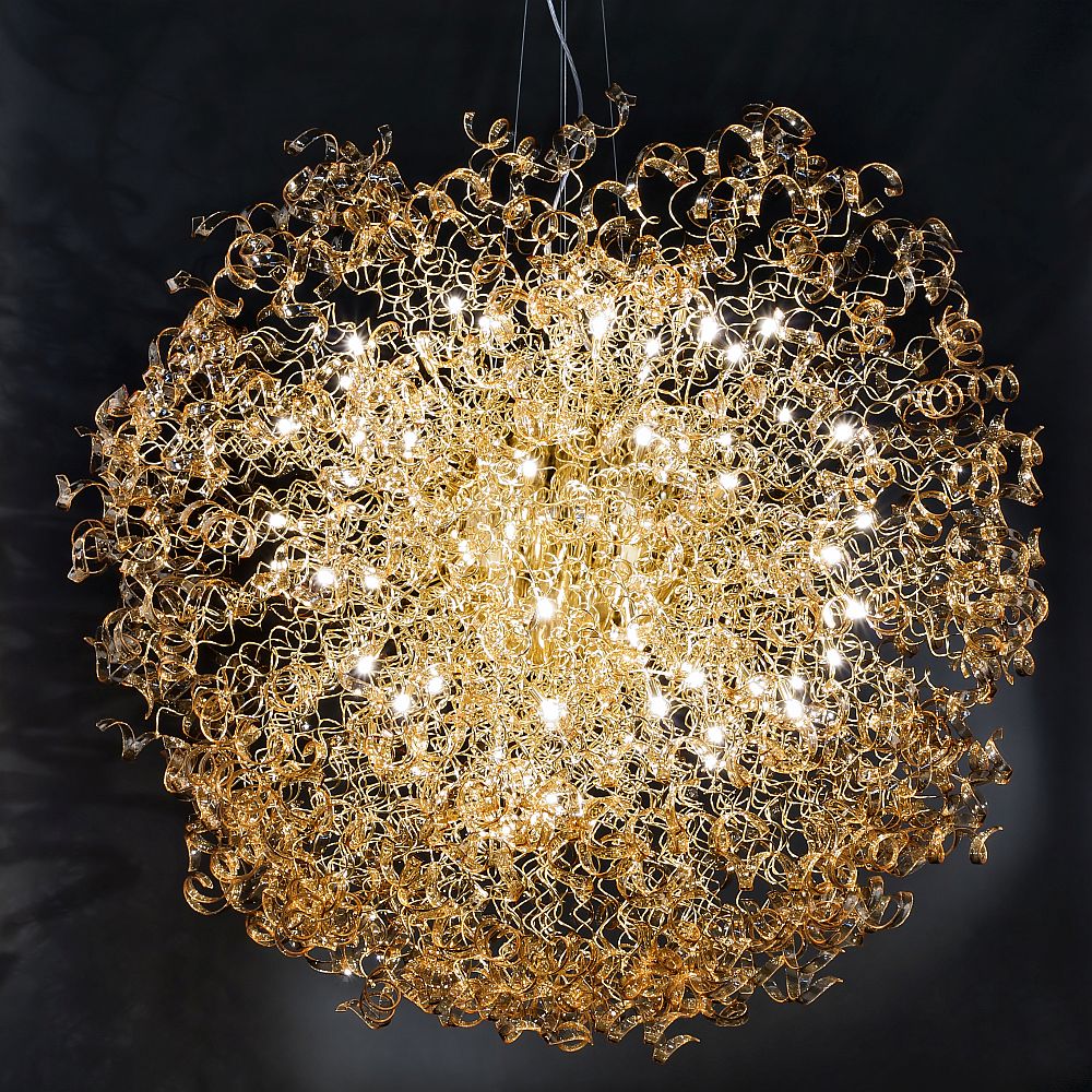 200cm amber ribbon chandelier by Metal Lux, Astro collection, Venetian glass elements