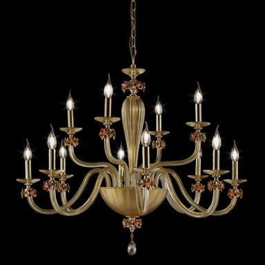 12 Arm Two-Tier Gold Glass Chandelier with Handcrafted Floral Accents