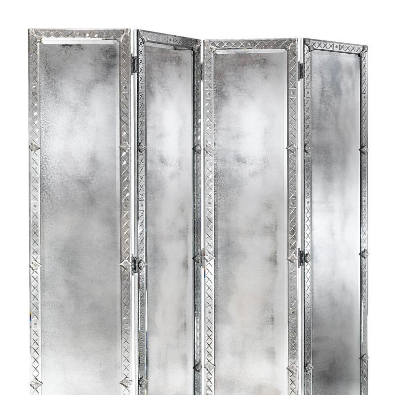 Silver four-panel folding screen with decorative frame on a white background