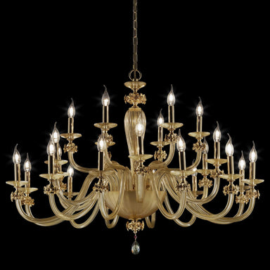 24-Light Gold Glass Chandelier with Brass Floral Decoration