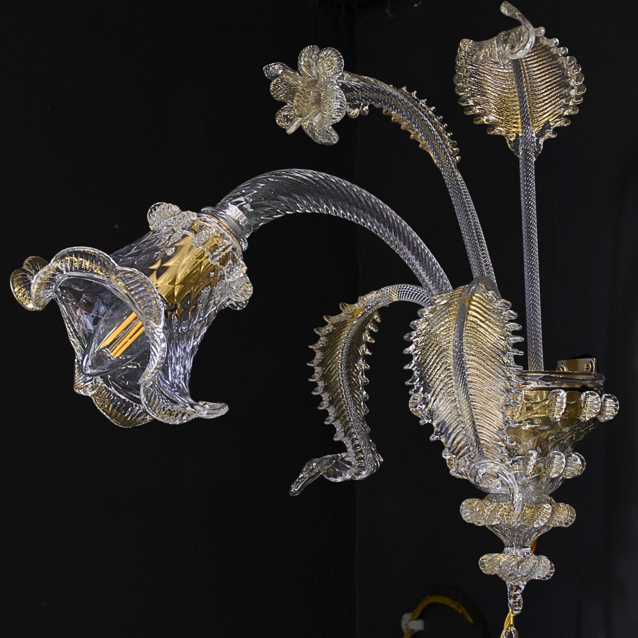 Murano Glass Wall Chandelier With Floral Decoration | Clear & 24k Gold Leaf Glass