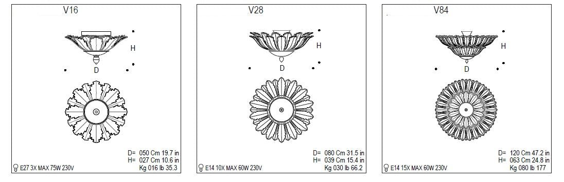 Amber Or Clear Murano Glass Ceiling Light With Classic Leaf Design In 3 Sizes