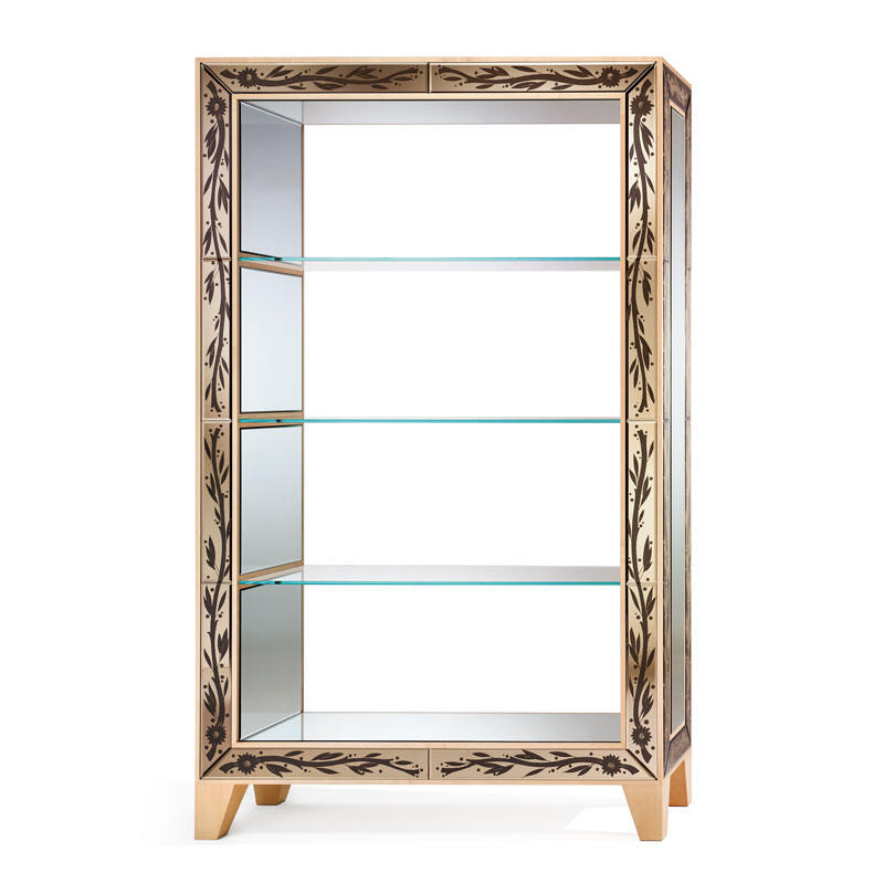 Tall Maple Bookcase With Bronze Venetian Mirror Inserts