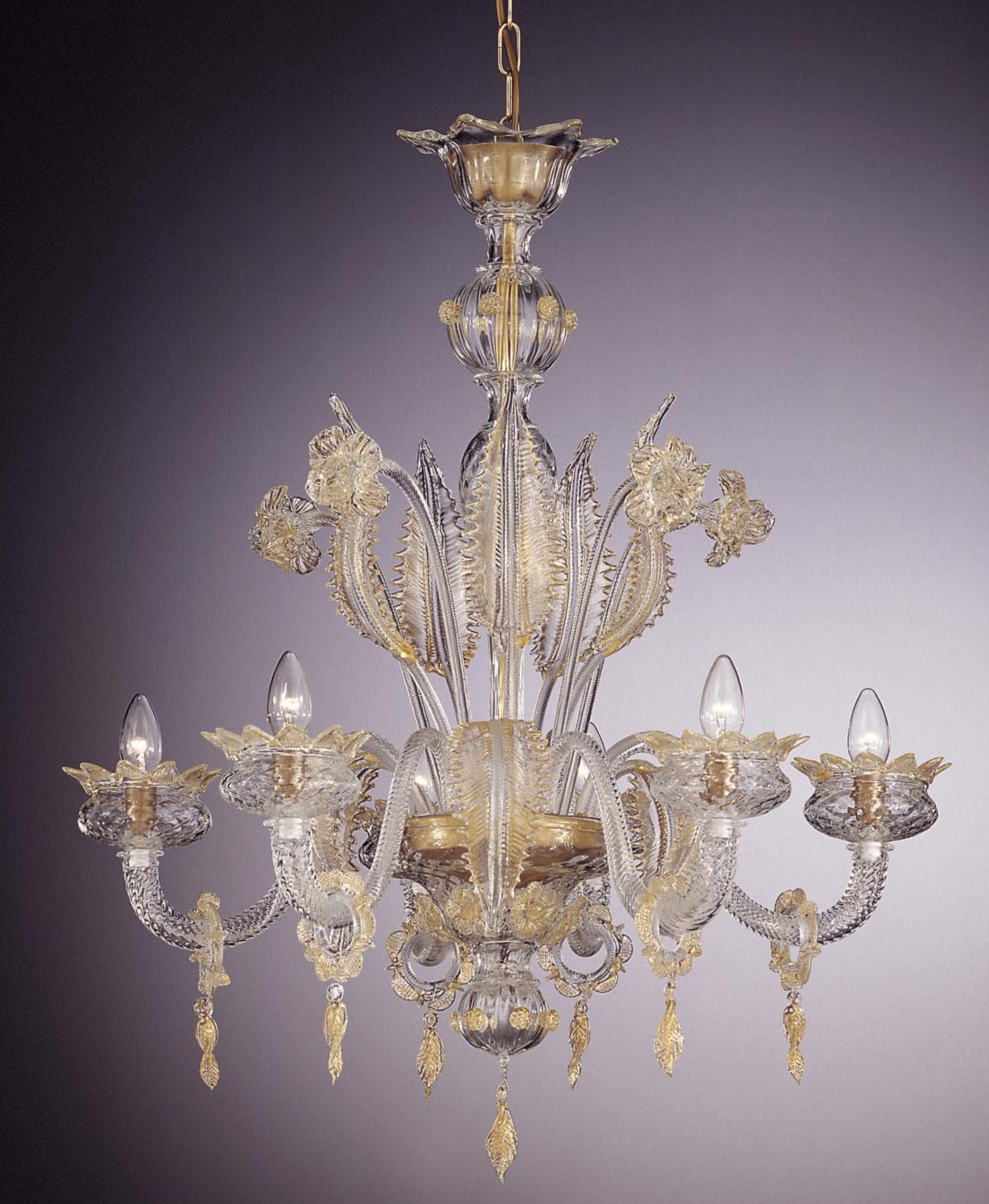 Murano Glass Chandelier With Gold Leaves And Flowers