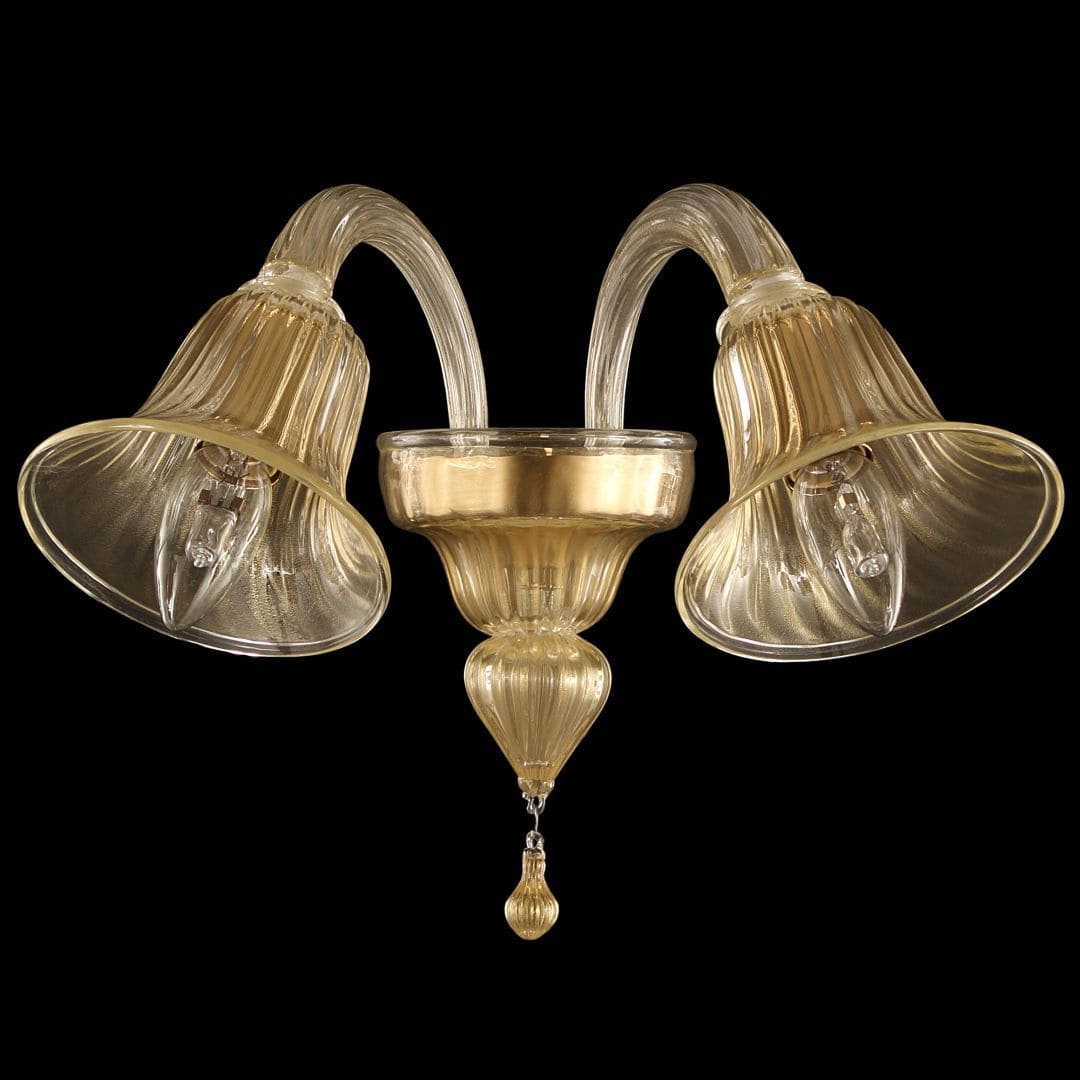 2 Lights Murano Glass Wall Sconce with Golden Leaf Finish