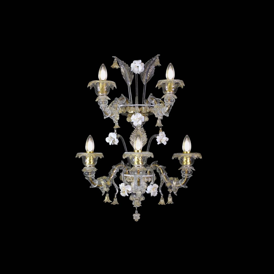 Rezzonico Style 5 Lights Crystal and Gold Glass Wall Sconce