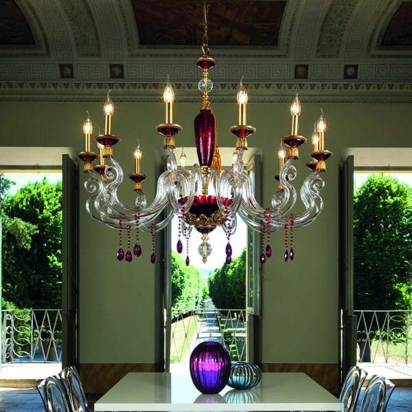 Baroque 12 Arm Chandelier With Red Crystal Details