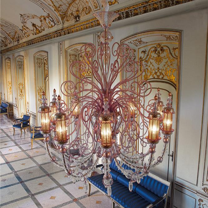 Hand-Blown Ornate Luxurious Ceiling Pendant Chandelier With Ten Shades And Murano Glass