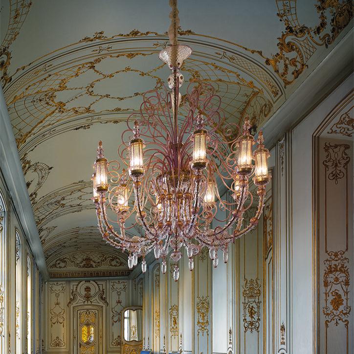 Hand-Blown Ornate Luxurious Ceiling Pendant Chandelier With Ten Shades And Murano Glass