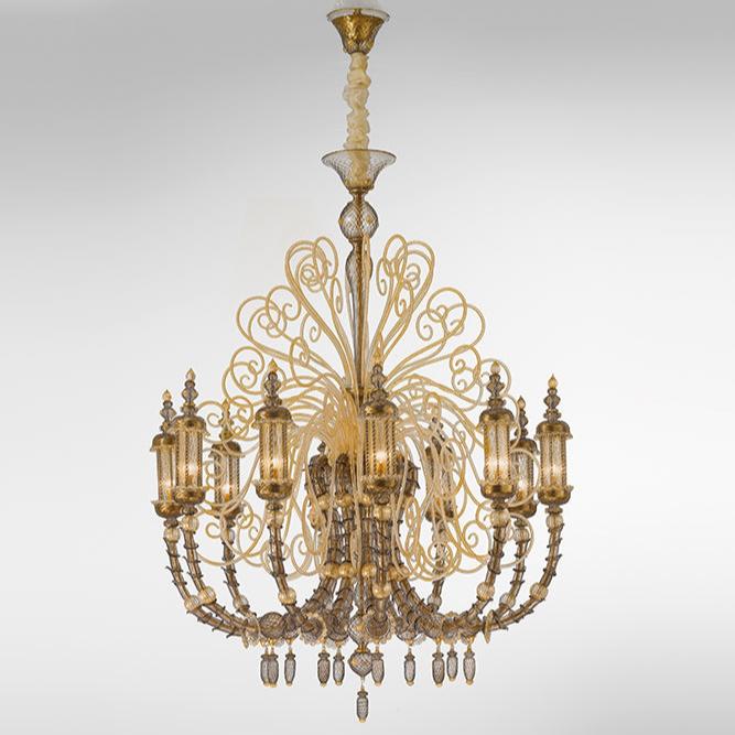 Hand-Blown Ornate Luxurious Ceiling Pendant Chandelier With Ten Shades And Murano Glass