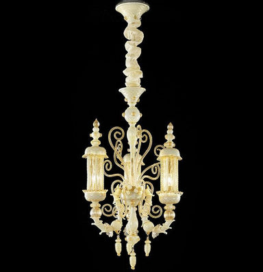 Hand-Blown Ornate Luxurious Ceiling Pendant Chandelier With Three Shades And Murano Glass