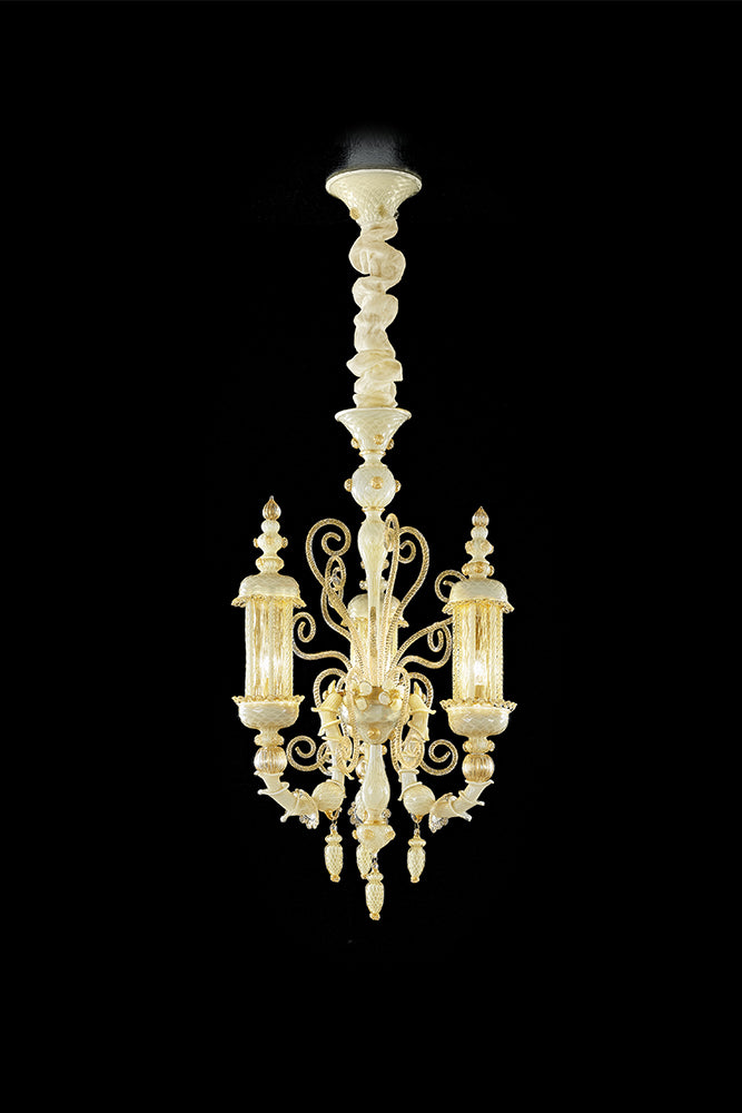 Hand-Blown Ornate Luxurious Ceiling Pendant Chandelier With Three Shades And Murano Glass